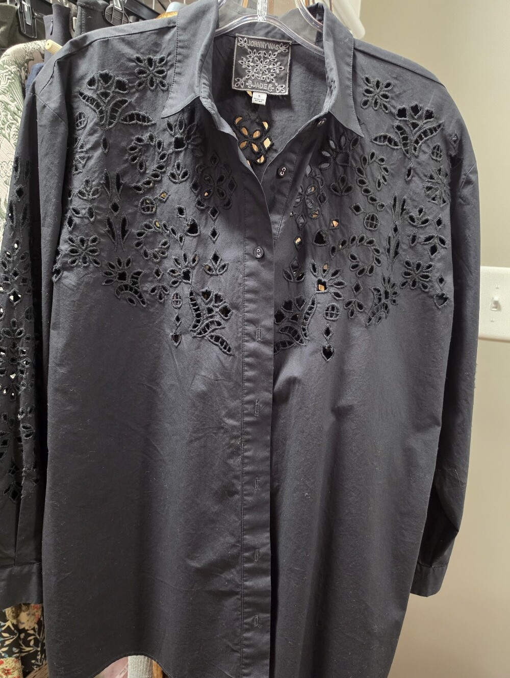Johnny Was Jade Black Broderie Cutout Button-Down Shirt